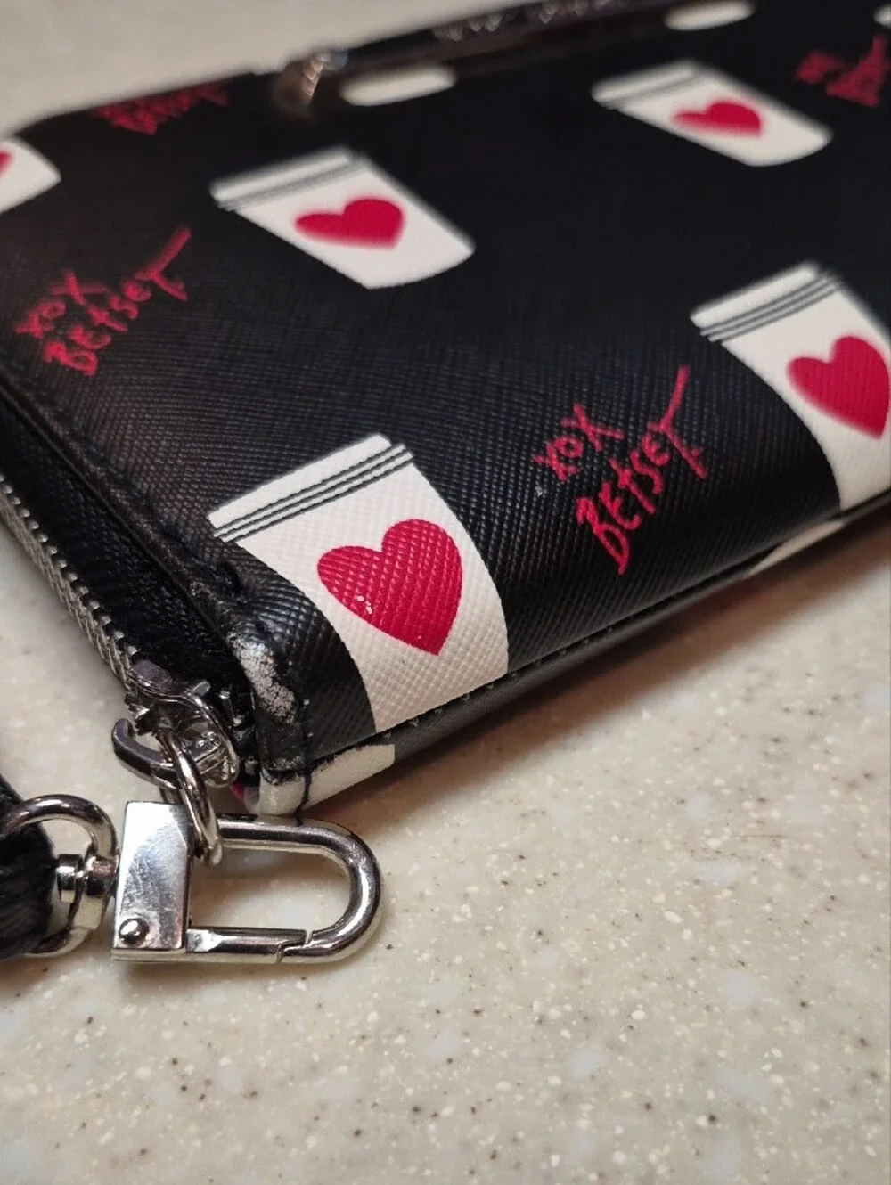 Betsey Johnson Black Wristlet Wallet with Pink Heart Coffee Cups